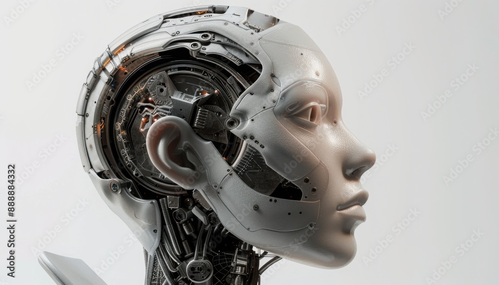 an AI robot head with robotic features and intricate circuitry, looking to the right. The background is white an AI robot head with robotic features and intricate circuitry, looking to the right. The background is white