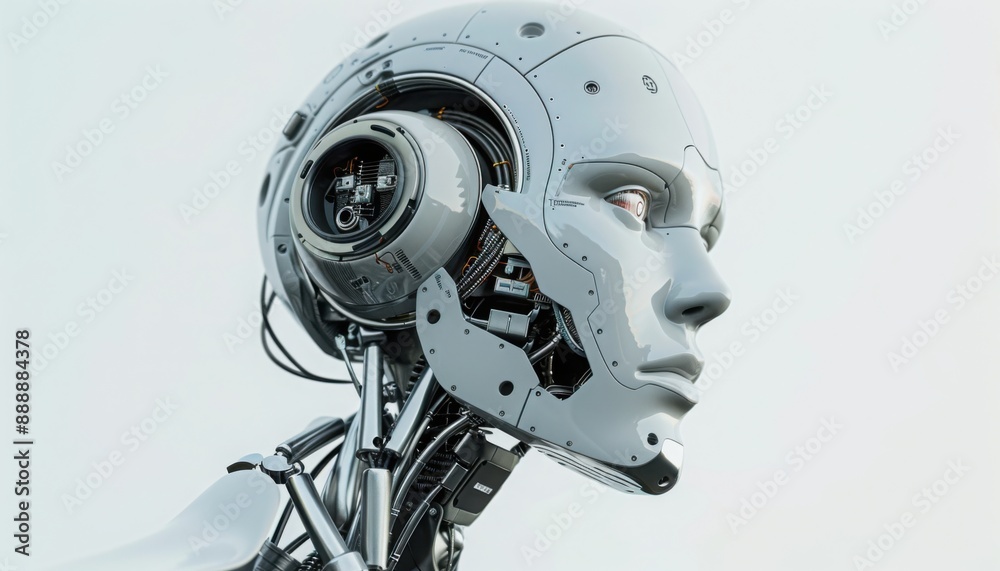 an AI robot head with visible circuitry and wires, looking to the right side. The background is white, creating contrast between the grey metal texture on face skin an AI robot head with visible circuitry and wires, looking to the right side. The background is white, creating contrast between the grey metal texture on face skin