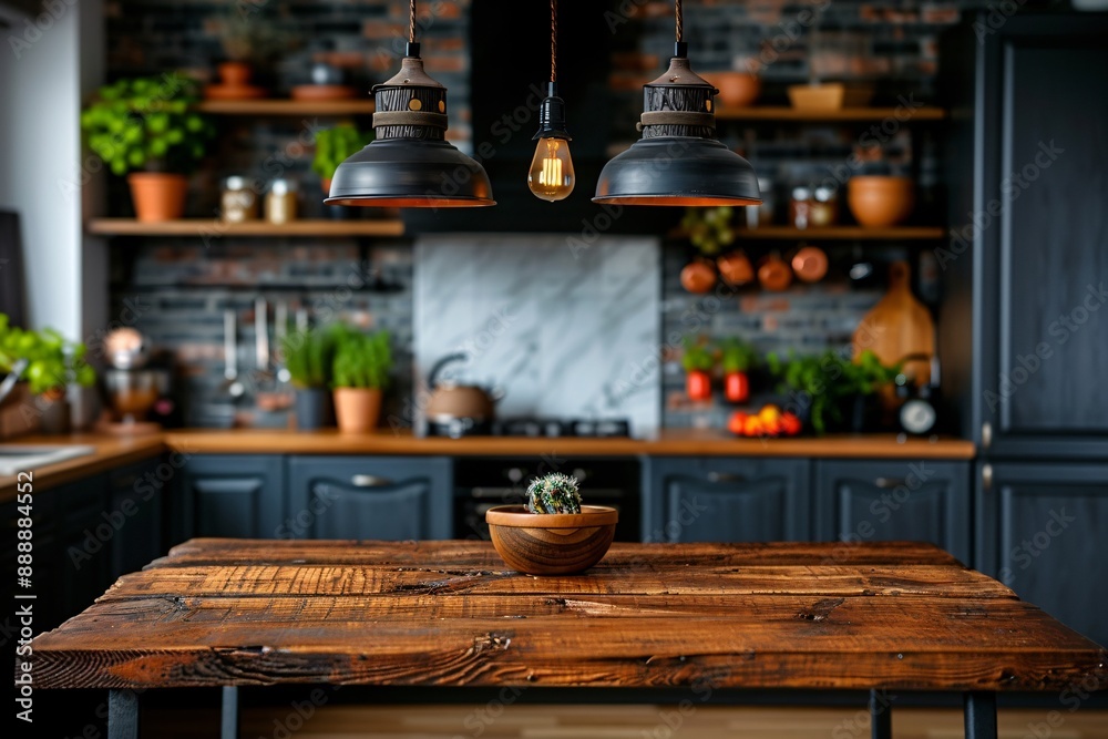 33. A dark mahogany wooden table top with a polished finish, set against a blurred high-end kitchen background. The kitchen features glossy black cabinets, a marble backsplash, and modern lighting 33. A dark mahogany wooden table top with a polished finish, set against a blurred high-end kitchen background. The kitchen features glossy black cabinets, a marble backsplash, and modern lighting