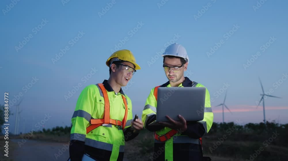 Diverse ethnicity male technicians working in the wind turbines field. Diverse ethnicity male technicians working in the wind turbines field.