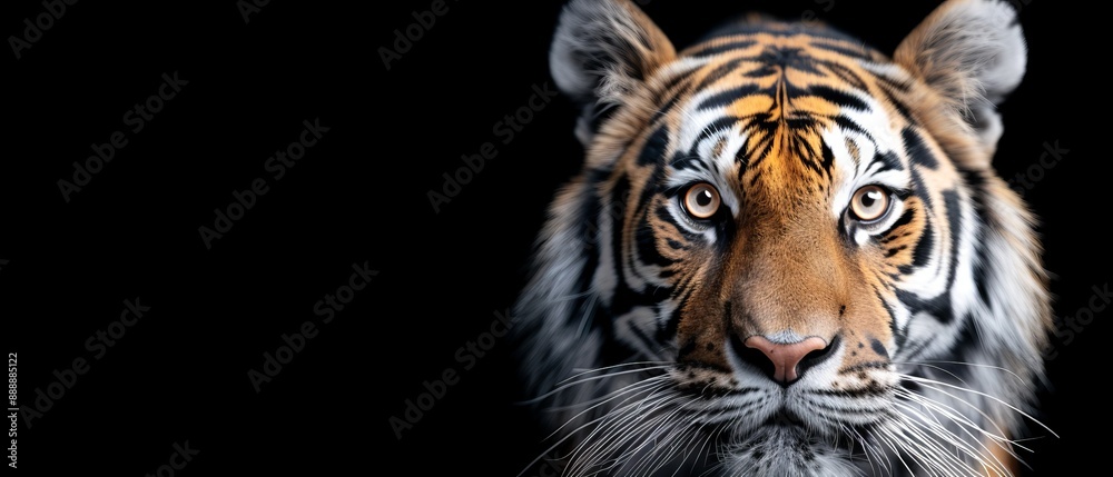 Obraz premium A tight shot of a tiger's visage against a black backdrop, its features softly obscured by a hazy blur
