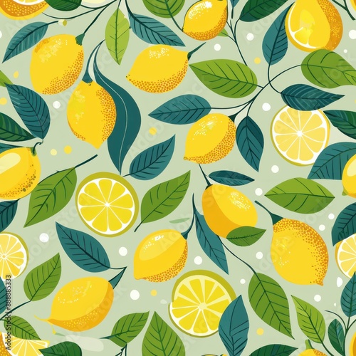 Seamless pattern of tangy lemons and lemon leaves, Generative AI