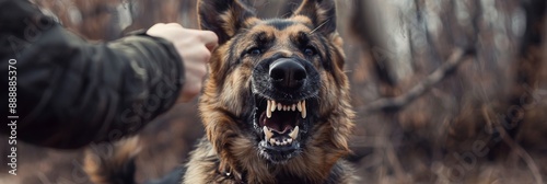 Aggressive dog bites, german shepherd attacks a man and bites his hand, training pets, rabid animals photo