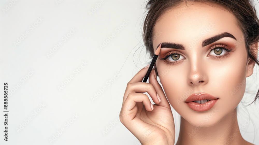 Elegant woman with well-defined eyebrows, holding a brow pencil Elegant woman with well-defined eyebrows, holding a brow pencil