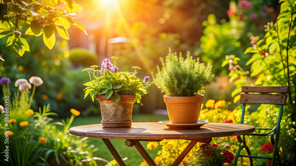 colorful variety of potted plants on a weathered wooden table in a vibrant garden. Close-up of potted plants in a garden, showcasing diverse species and colorful pots. colorful variety of potted plants on a weathered wooden table in a vibrant garden. Close-up of potted plants in a garden, showcasing diverse species and colorful pots.