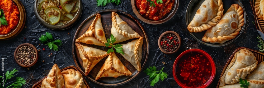 Fototapeta premium Asian Pies Set with Qutab, Homemade Samosa, Indian Samsa, Traditional Uzbek Burekas