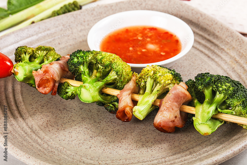 Thai Street foof satay with bacon and broccoli Thai Street foof satay with bacon and broccoli