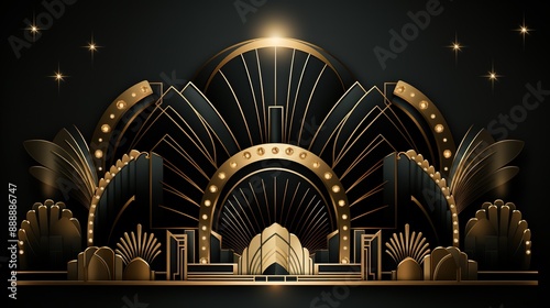 Vector abstract art deco luxury pattern, golden vintage artistic background with geometric shapes, archs and swirls