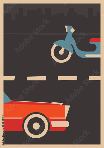 1960s Commercial Poster Style Illustration. Car and Scooter, City Street, Mid Century Modern Colors and Shapes