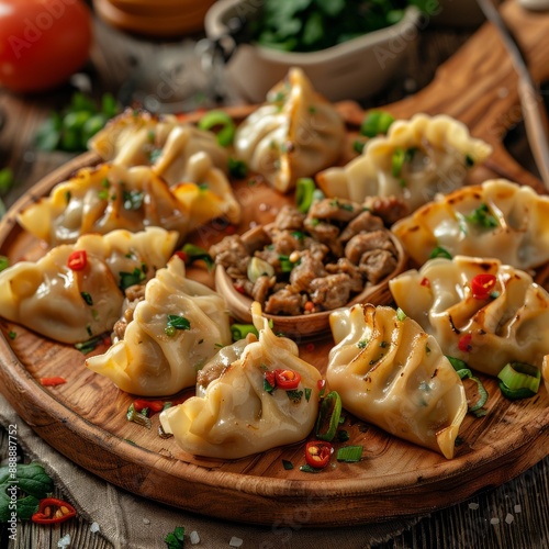 Giurza or Gyoza, Dim Sum, Jiaozi, Momo, Mandu or Ravioli, Azerbaijani Fried Dumplings with Minced Meat photo