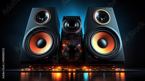 speaker system on a black background in blue and orange lighting, 3d illustration