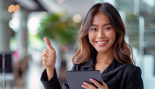 a happy and pretty filipina assistant holding a tablet