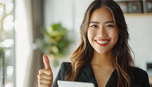 a happy and pretty filipina assistant holding a tablet