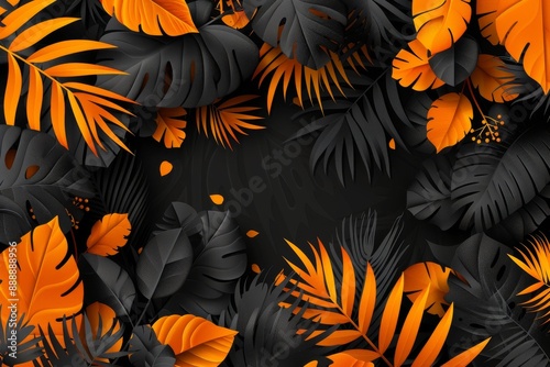 Bold orange and black tropical leaves creating a striking and dramatic botanical pattern