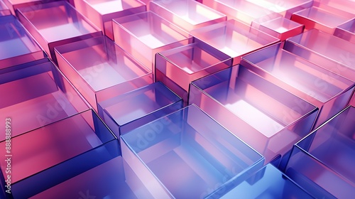 3d render, abstract geometric background, translucent glass with violet pink blue gradient, simple square shapes