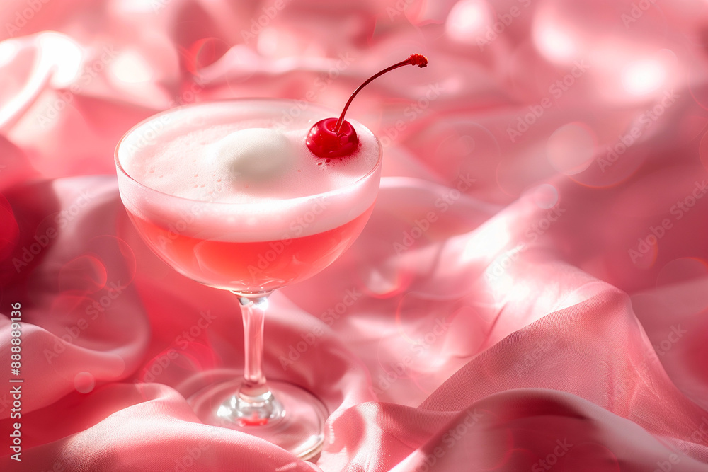 Pink Lady cocktail with foam and cherry on pink background Pink Lady cocktail with foam and cherry on pink background