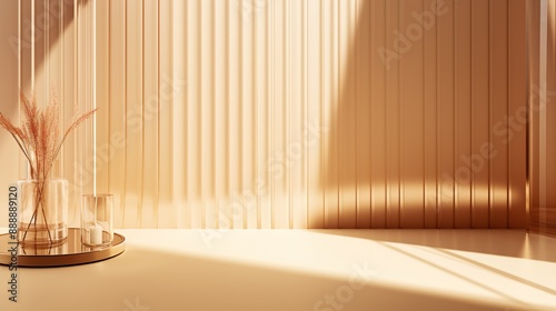 Modern and minimal reeded glass partition in sunlight on beige gold colored wall background for luxury, organic, beauty, cosmetic product display