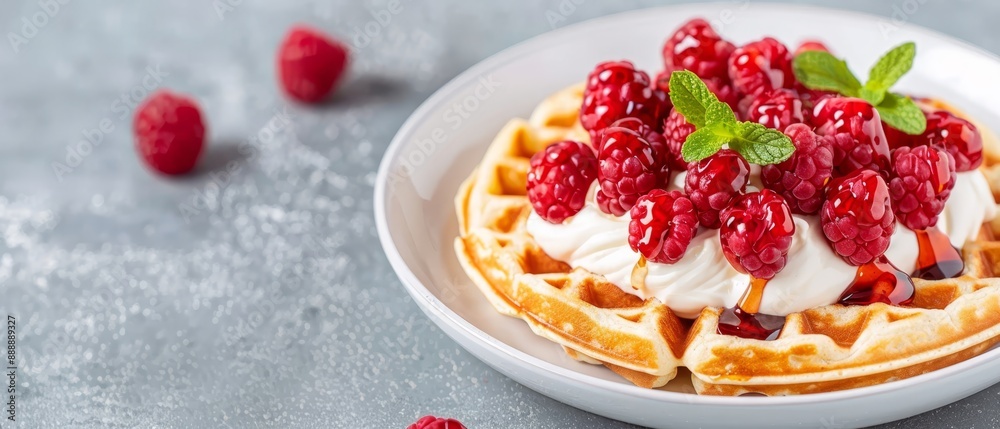 A white plate holds wafflets topped with whipped cream and raspberries Placed on a table A white plate holds wafflets topped with whipped cream and raspberries Placed on a table