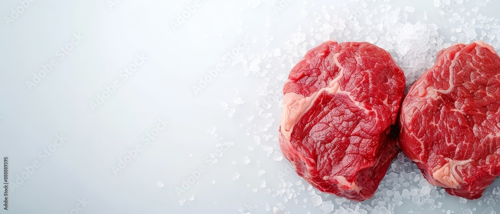 Two uncooked steaks atop a mound of sea salt on a white surface Two uncooked steaks atop a mound of sea salt on a white surface