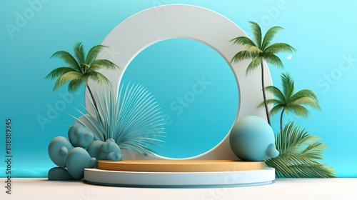 Summer display podium decoration background with beach ornament. Vector 3D Illustration
