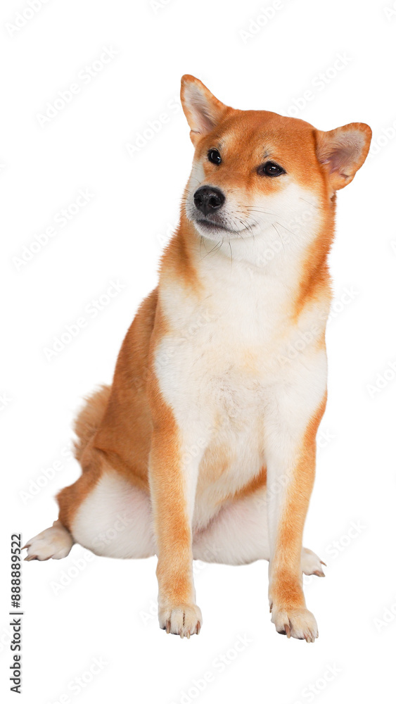 Smiling Shiba Inu with Eyes Closed sitting comfortably against a clean white background Smiling Shiba Inu with Eyes Closed sitting comfortably against a clean white background