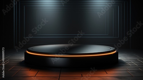 Black podium or pedestal display on dark background with long platform. Blank product shelf standing backdrop