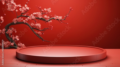 3d abstract background chinese style with product podium mockup on red background