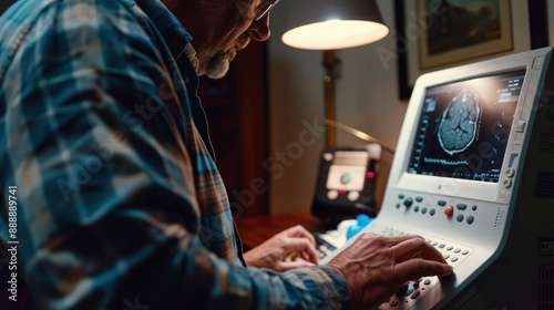 A man sits at a desk and looks at a monitor displaying a medical scan of a brain.