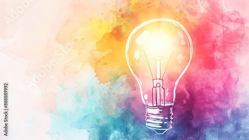 Abstract colorful watercolor image with a light bulb symbolizing genius vision, innovative ideas, and creative thinking in business marketing strategy planning, with copy space.