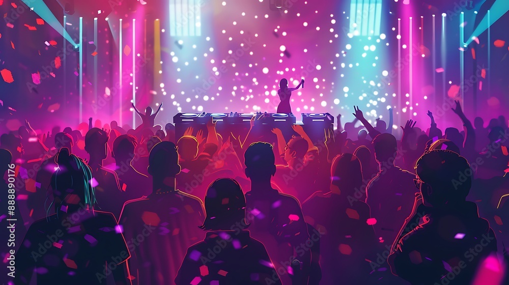 A festival scene with a DJ, colorful lights, and a simple, elegant crowd design.