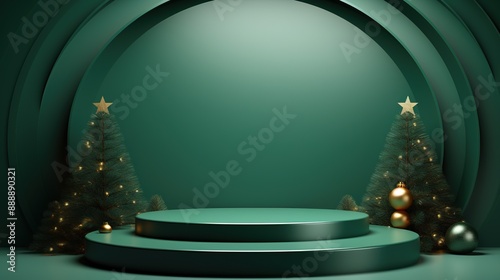 Christmas podium for products showcase, promotional sale, in green color background