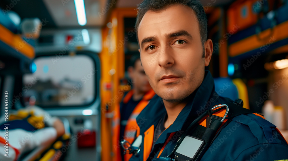 Portrait of a paramedic in uniform, blur ambulance background with medical supplies Portrait of a paramedic in uniform, blur ambulance background with medical supplies