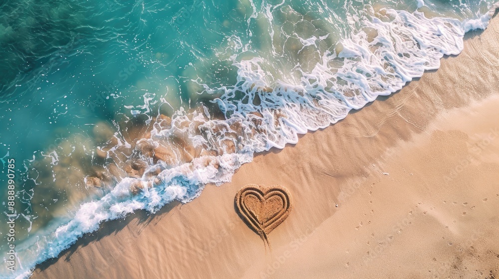 Fototapeta premium Heart drawing on sand with beach background viewed from above