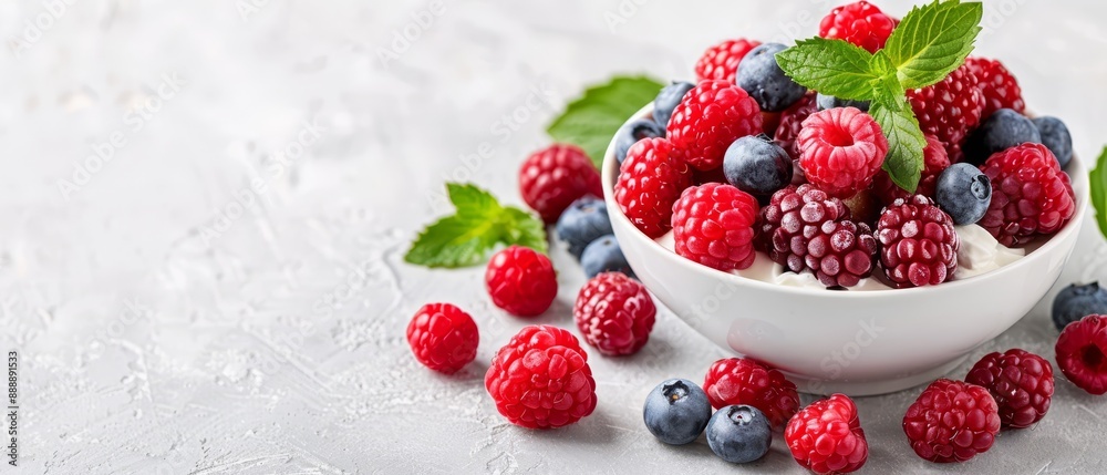 A bowl of ice cream adorned with raspberries, blueberries, and red raspberries on a pristine white surface A bowl of ice cream adorned with raspberries, blueberries, and red raspberries on a pristine white surface