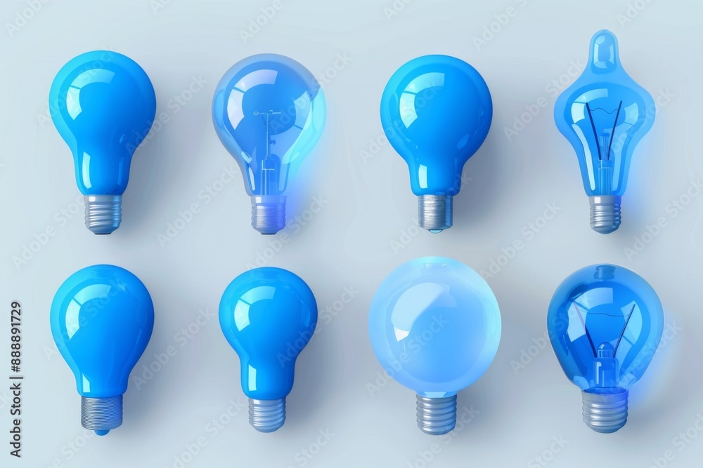 Blue light bulbs, lamp icon set, lightbulbs isolated, render style minimal light bulbs, creativity idea Blue light bulbs, lamp icon set, lightbulbs isolated, render style minimal light bulbs, creativity idea