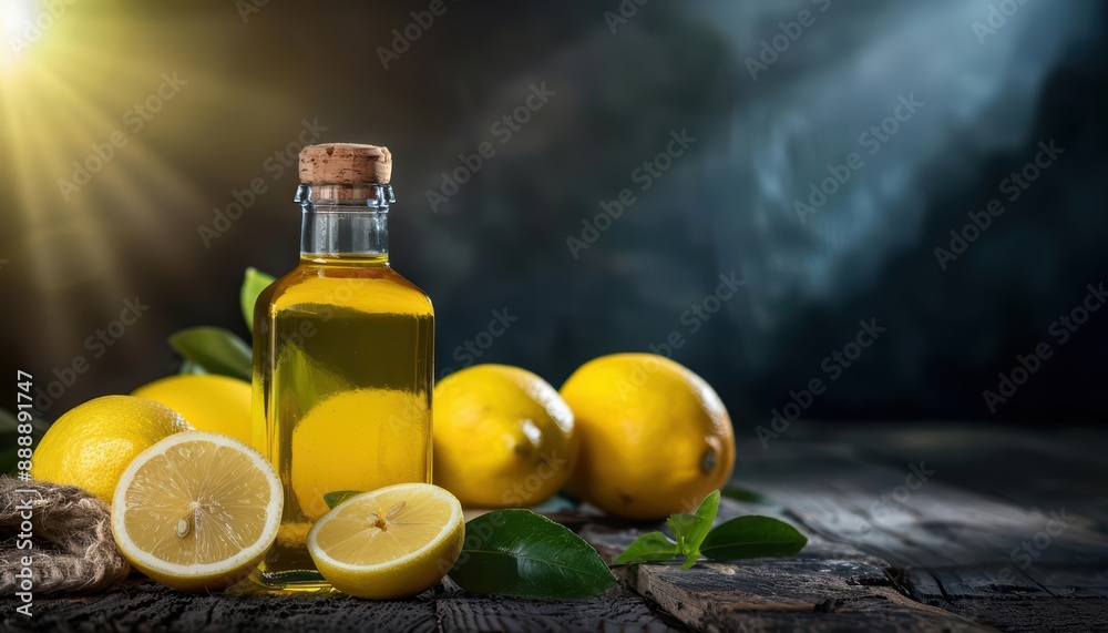 A bottle of lemon oil with fresh lemons on a rustic wooden table. A bottle of lemon oil with fresh lemons on a rustic wooden table.