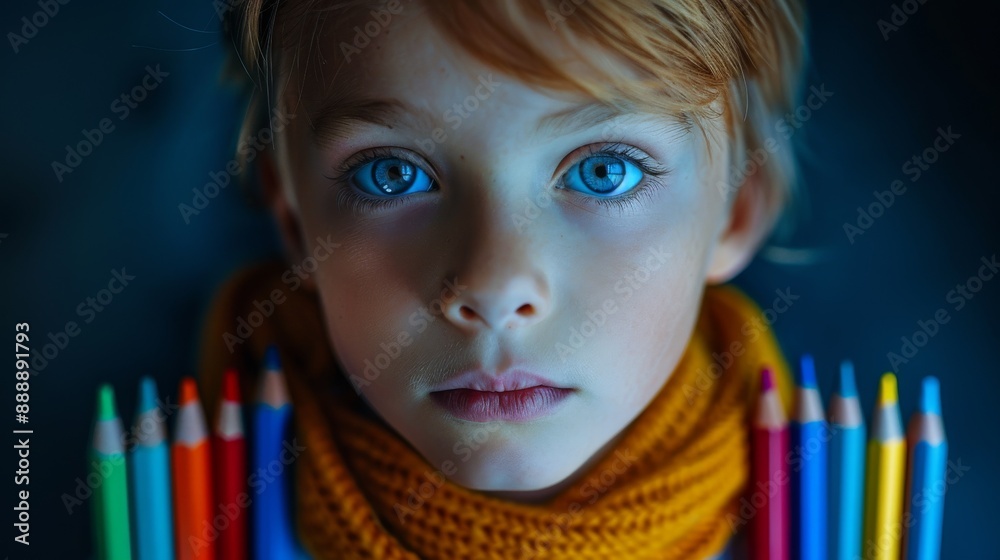 Kid with pencils on black background Kid with pencils on black background