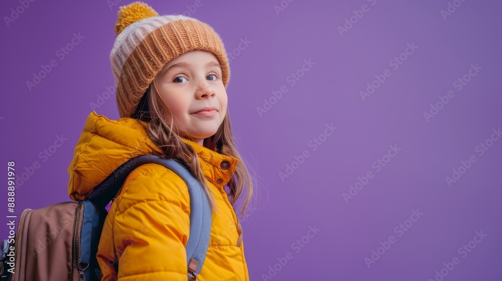 Child with backpack on purple background Child with backpack on purple background