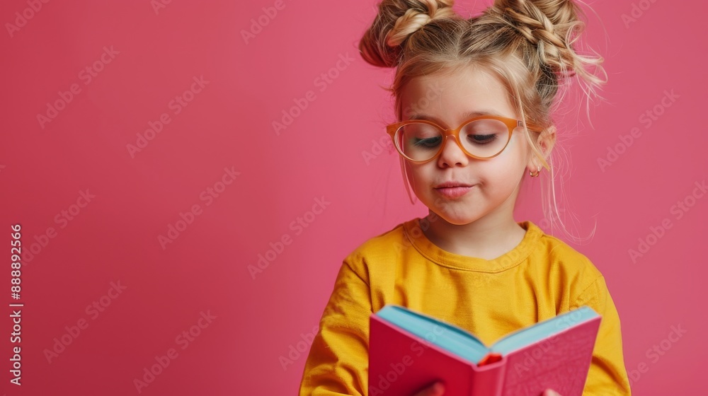 Child with notebook on pink background Child with notebook on pink background
