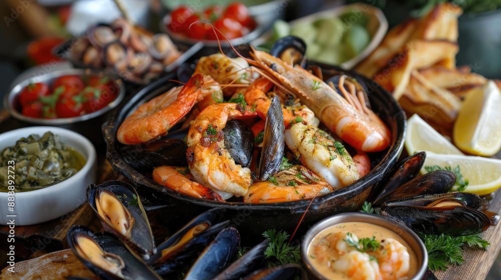Seafood selection with mussels shrimp and fish served with dips Seafood selection with mussels shrimp and fish served with dips