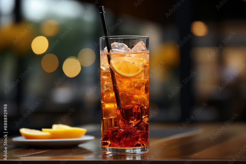 Refreshing iced orange drink with cityscape background.