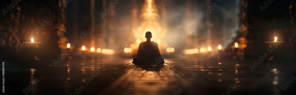 Silhouette of a person meditating in a dark, mystical setting illuminated by glowing lights. Silhouette of a person meditating in a dark, mystical setting illuminated by glowing lights.
