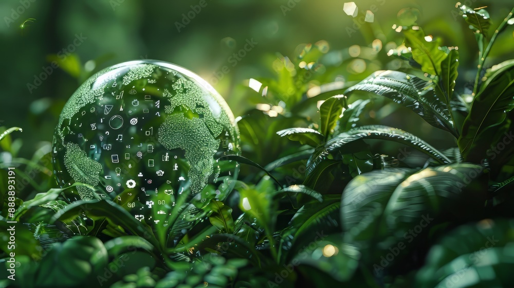A lush green globe with social media icons A lush green globe with social media icons