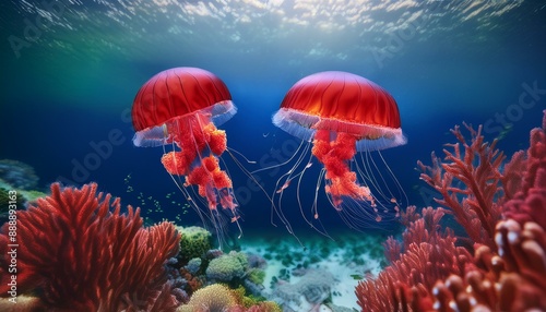 Deep Red Jellyfish Amid Vibrant Coral" "Dancing in the Deep: Playful Jellyfish and Vibrant Coral Symphony" "Underwater Elegance: Leaping Red Jellyfish and Vibrant Coral Gardens