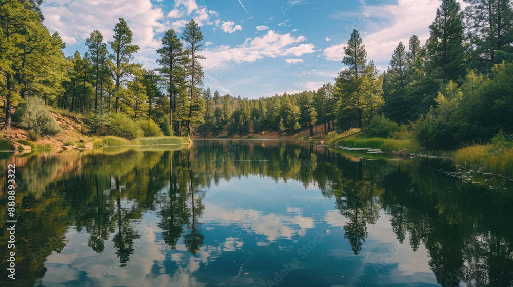 A picturesque view of a lake surrounded by pine trees reflecting in the water A picturesque view of a lake surrounded by pine trees reflecting in the water