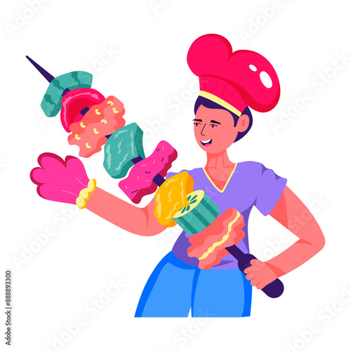 Male chef with skewer in hand, bbq cooking flat illustration 