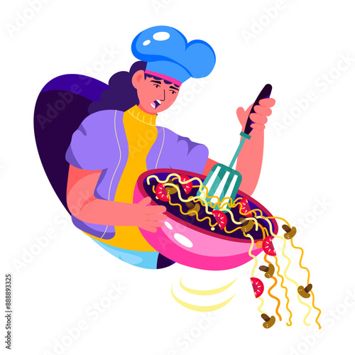 Chef holding bowl with spilling food, flat illustration