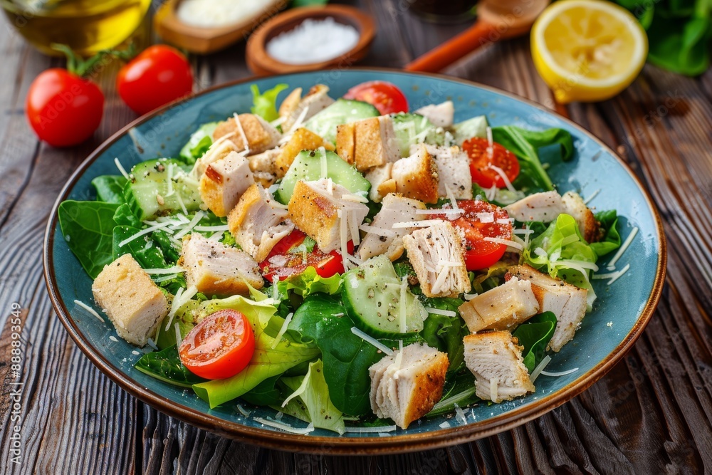 Caesar Salad with Chicken, Croutons, Tomatoes, Cucumbers on Blue Plate, Green Salad with Parmesan Caesar Salad with Chicken, Croutons, Tomatoes, Cucumbers on Blue Plate, Green Salad with Parmesan