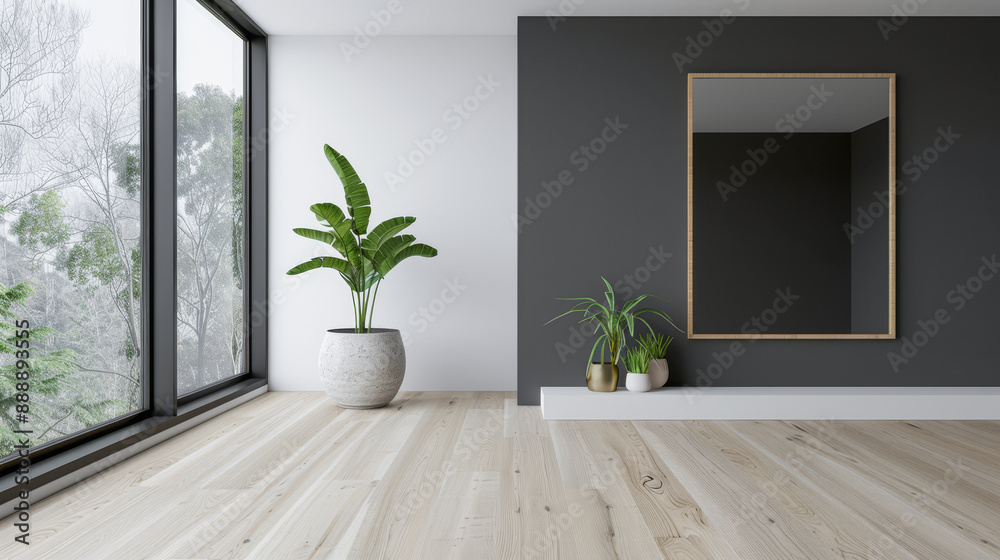 Minimalist property interiors composition with minimal furniture, a large window and a mirror in an empty room. Interiors design composition in mute colors with copy space. Minimalist property interiors composition with minimal furniture, a large window and a mirror in an empty room. Interiors design composition in mute colors with copy space.