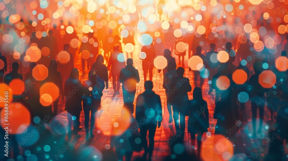 A crowd of people is immersed in a lively atmosphere with bright A crowd of people is immersed in a lively atmosphere with bright